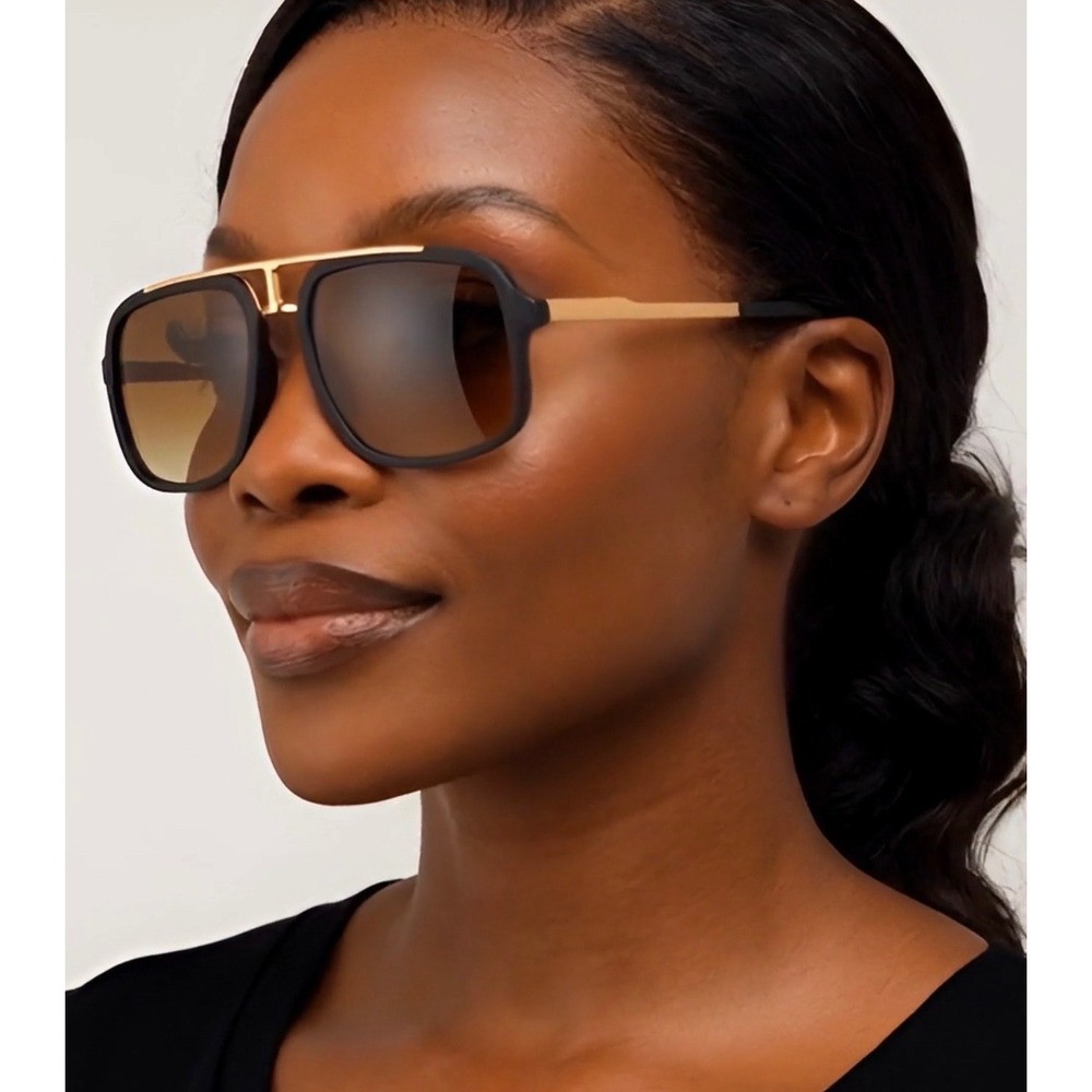 Oversized Square Luxury Sunglasses Black Gold Double Bridge Gradient Brown Lens
